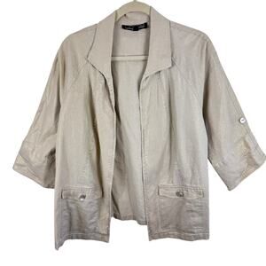 Linear Linen Blend Tan Shimmer Metallic 3/4 Sleeve Open‎ Lightweight Jacket Sz L